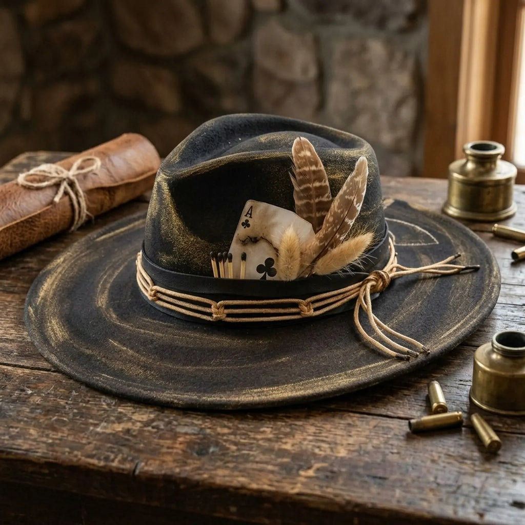 Distressed Black Gold Fedora Hat Feather Playing Card Western Style