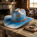 Distressed Sky Blue Cowboy Hat with Leather Band and Concho