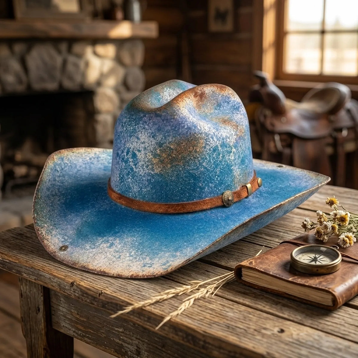 Distressed Sky Blue Cowboy Hat with Leather Band and Concho