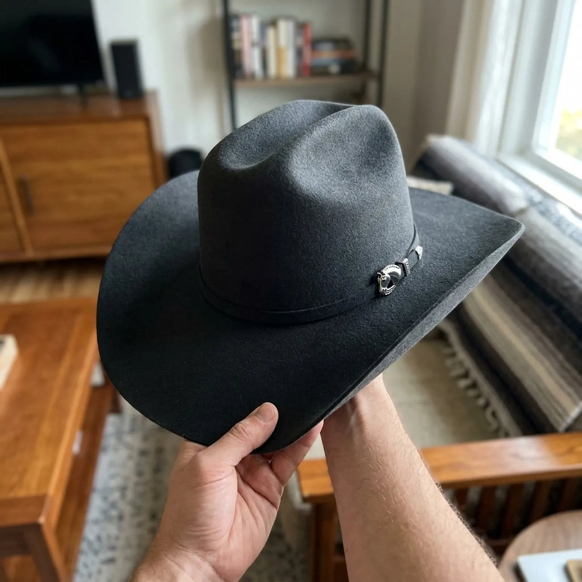 Unisex Black Wool Felt Cowboy Hat with Silver Charm Accent