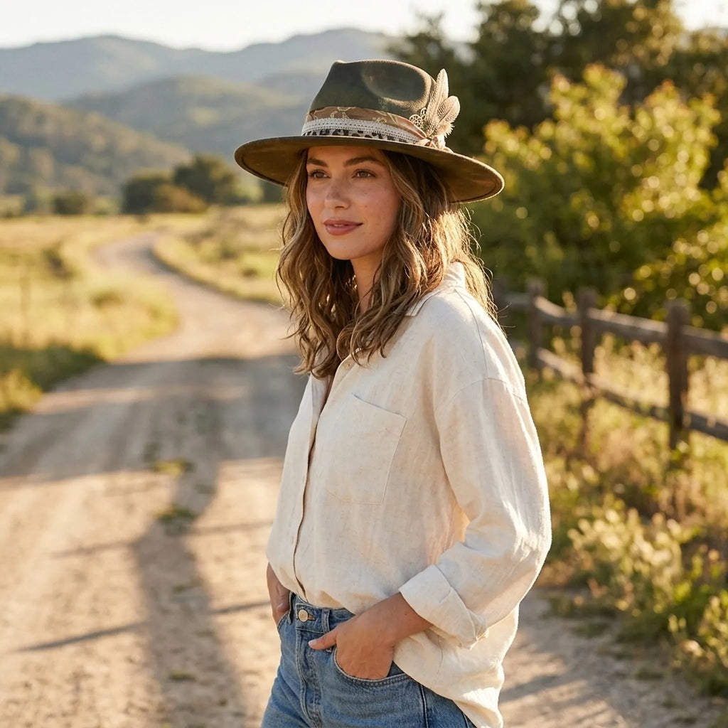 Antique Olive Felt Fedora with Leopard Trim and Feather Accent