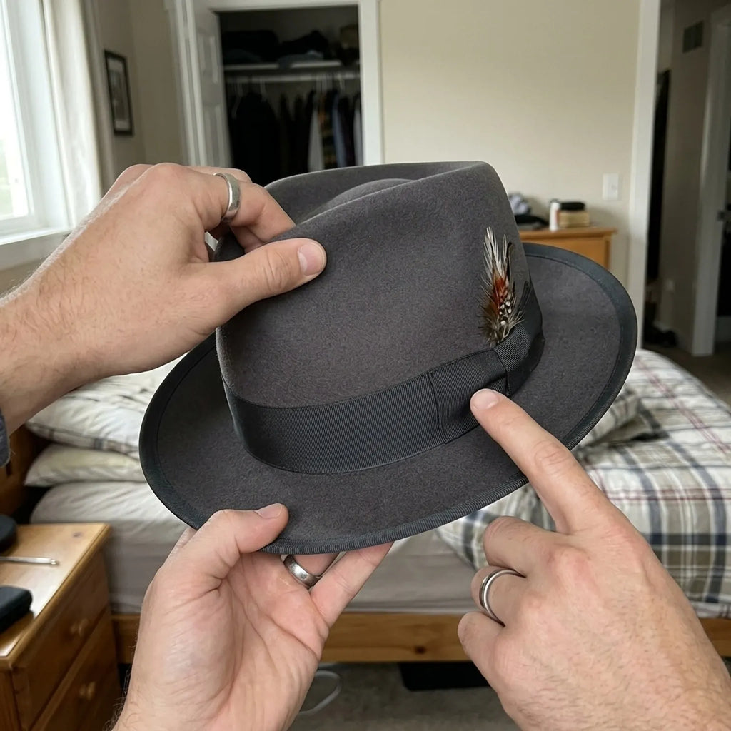 Gray Wool Felt Fedora with Feather Accent and Contrast Trim