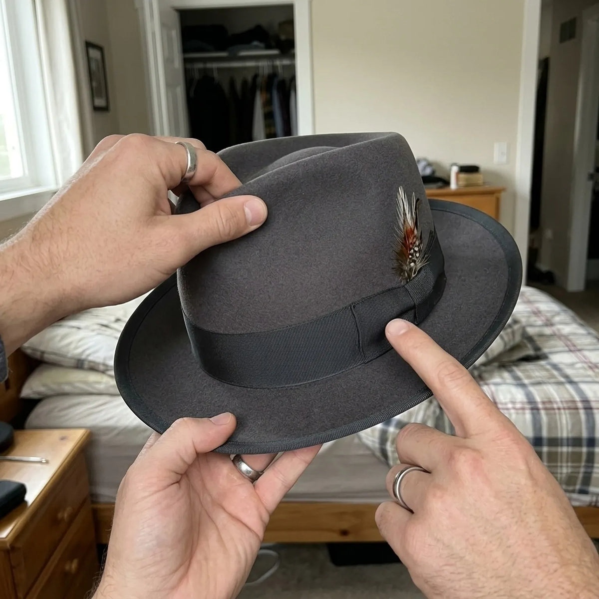 Gray Wool Felt Fedora with Feather Accent and Contrast Trim