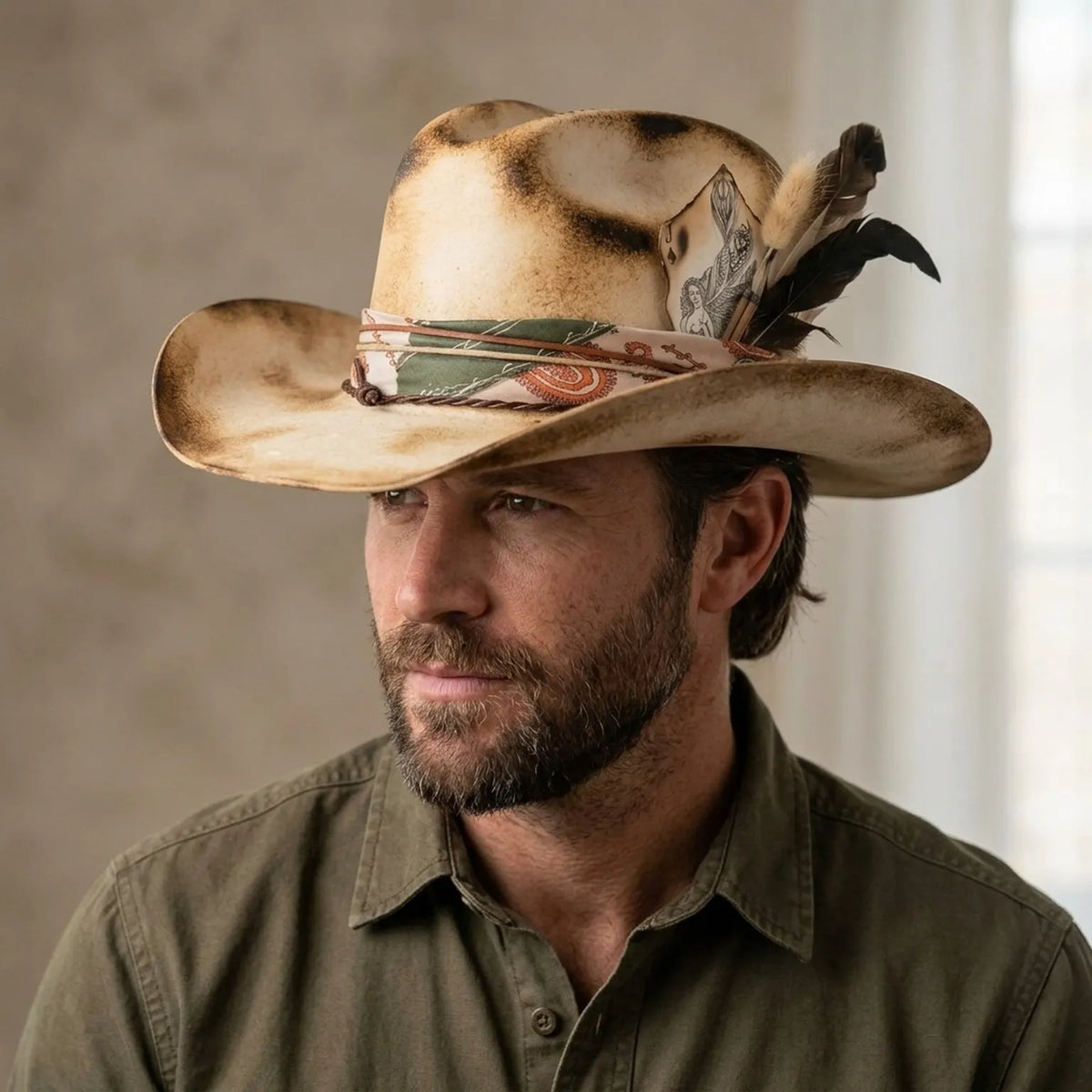 Burnt Cream Cowboy Hat with Paisley Band and Feather Cards