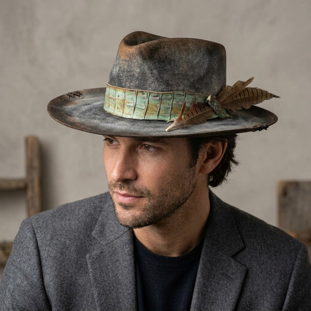 Distressed Brown Felt Fedora with Embossed Green Leather Band