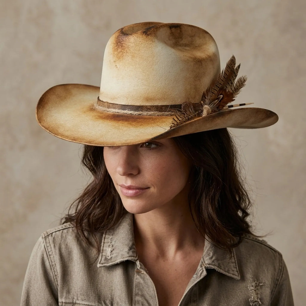 Vintage Tan Cowboy Hat with Pheasant Feather Cluster