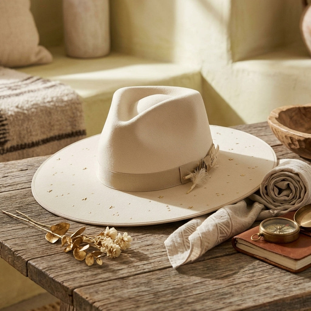 Cream Wool Felt Fedora with Star Cutout Brim and Grosgrain Band
