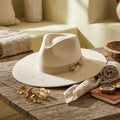 Cream Wool Felt Fedora with Star Cutout Brim and Grosgrain Band