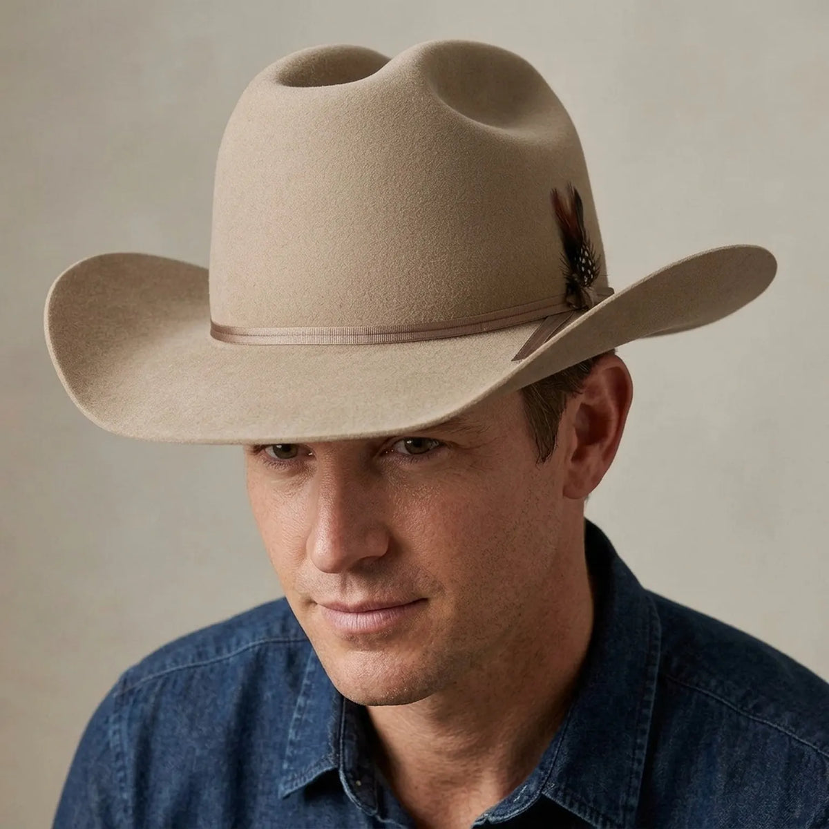 Beige Wool Felt Cowboy Hat with Feather Accent