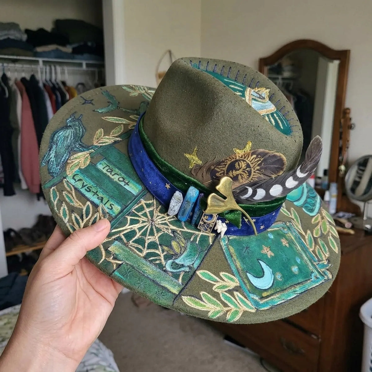 Olive Green Mystical Fedora with Tarot Art, Charms and Feathers