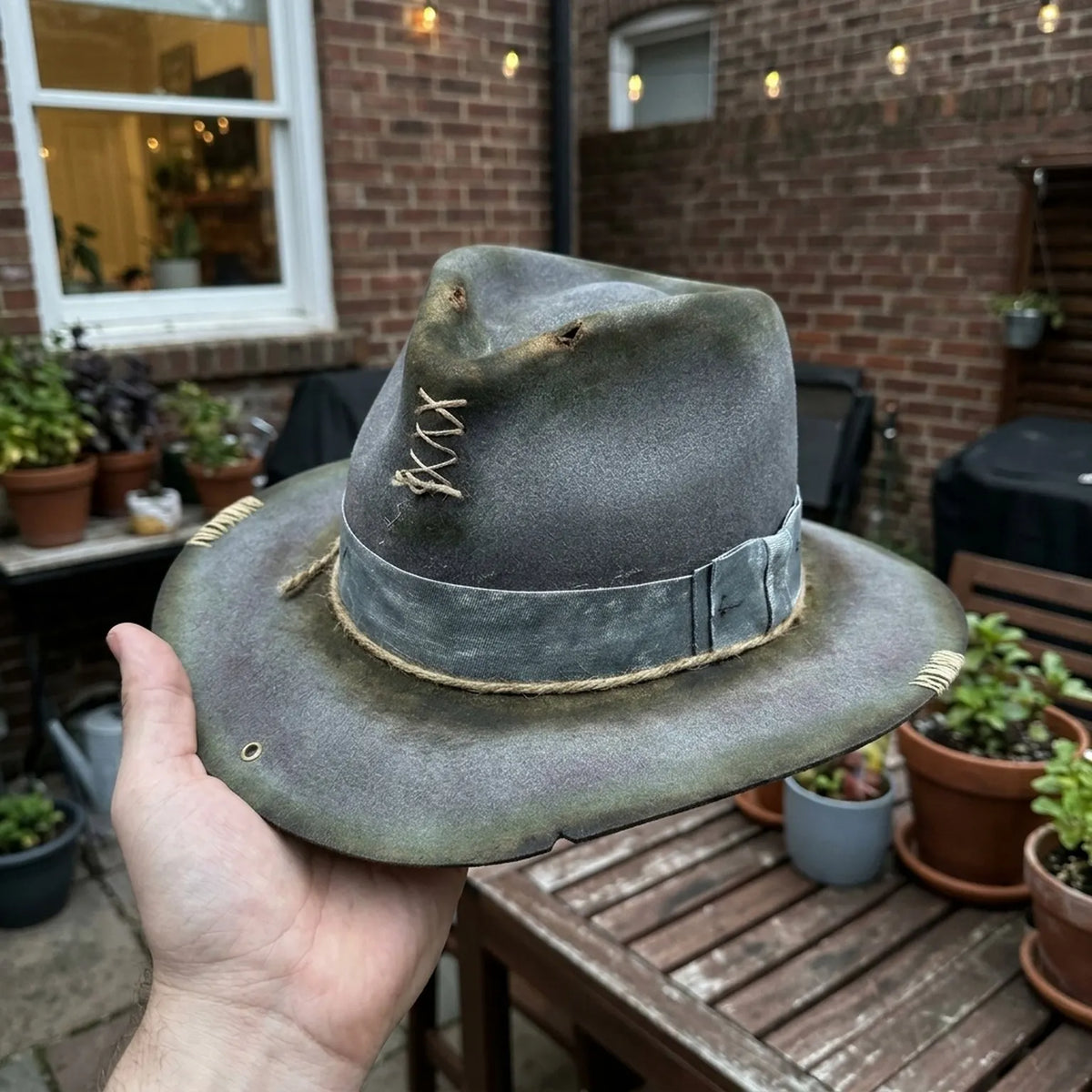 Olive Distressed Western Hat With Raffia Band And Lace-Up Crown