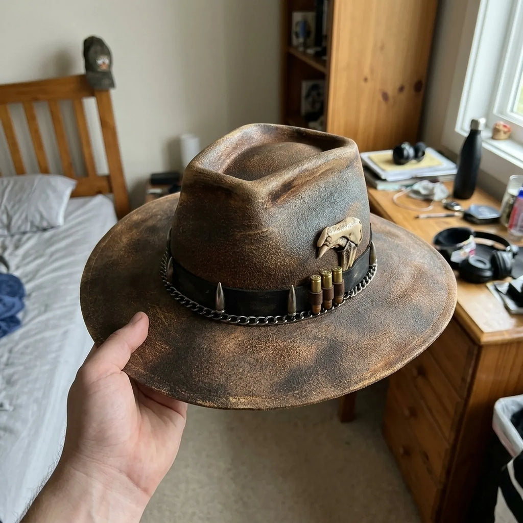 Distressed Brown Felt Western Hat with Bullet Band and Skull Accent