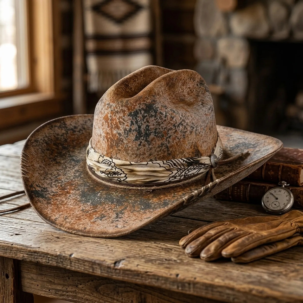 Weathered Brown Cowboy Hat with Paisley Bandana and Stitching