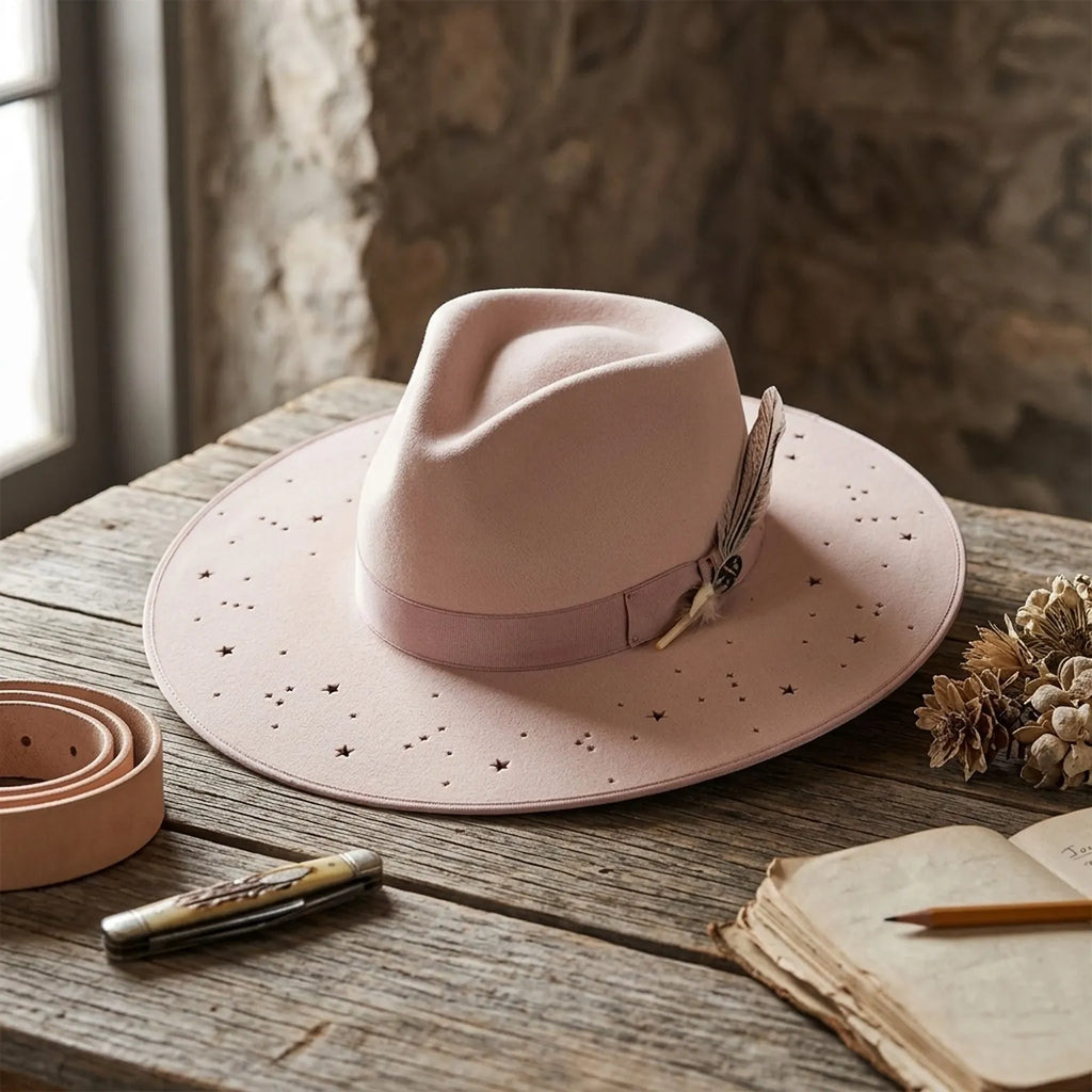 Blush Pink Wide Brim Felt Hat with Star Cutouts and Tassel