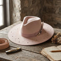 Blush Pink Wide Brim Felt Hat with Star Cutouts and Tassel