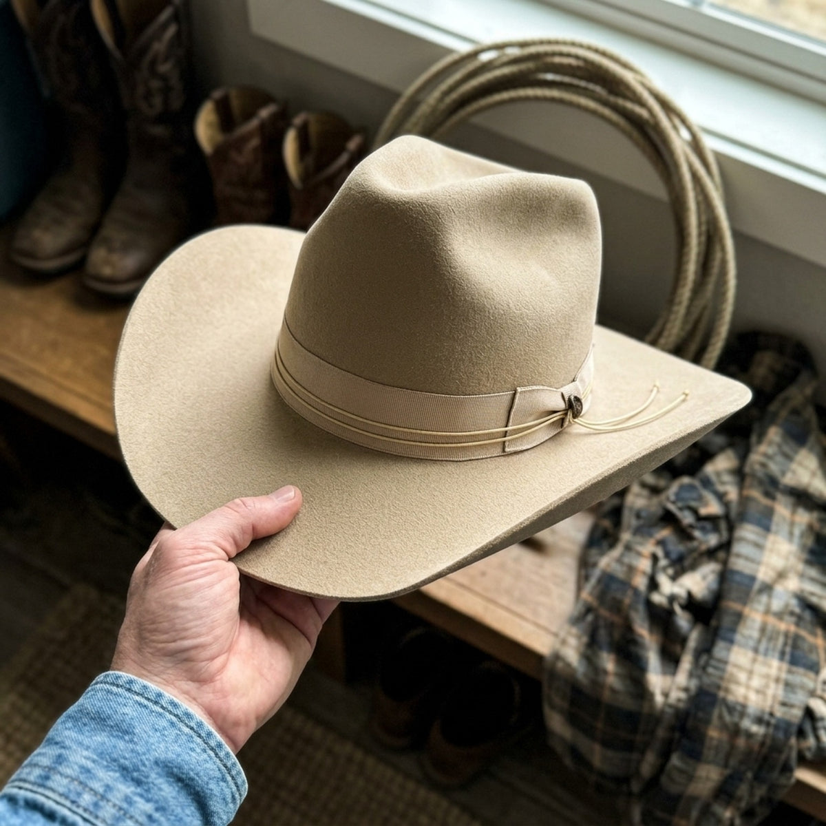 Unisex Cream Cowboy Hat with Ribbon Chin Cord