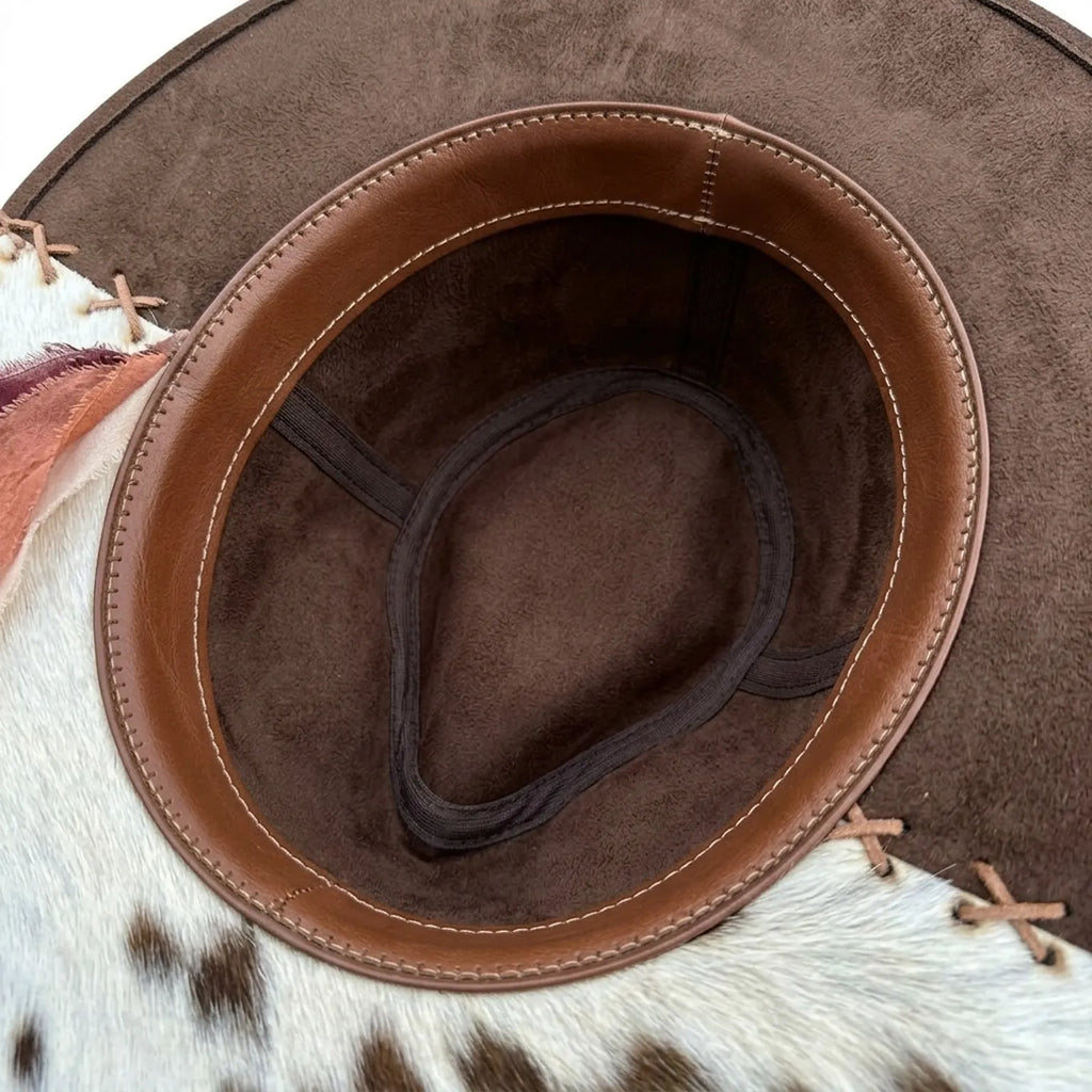 Brown Cowhide Brim Western Hat Feather Cluster Laced Edges Ranch Style