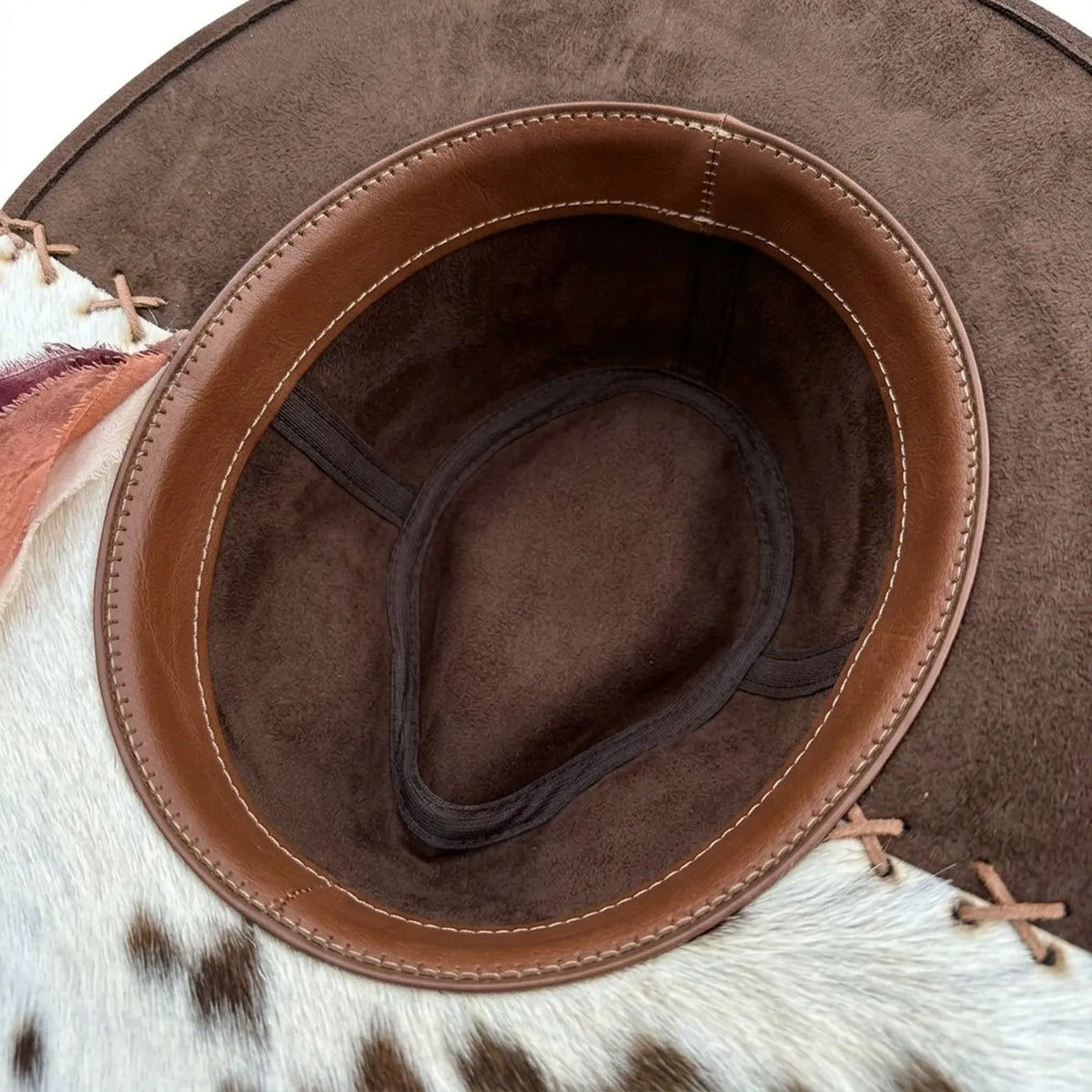 Brown Cowhide Brim Western Hat Feather Cluster Laced Edges Ranch Style
