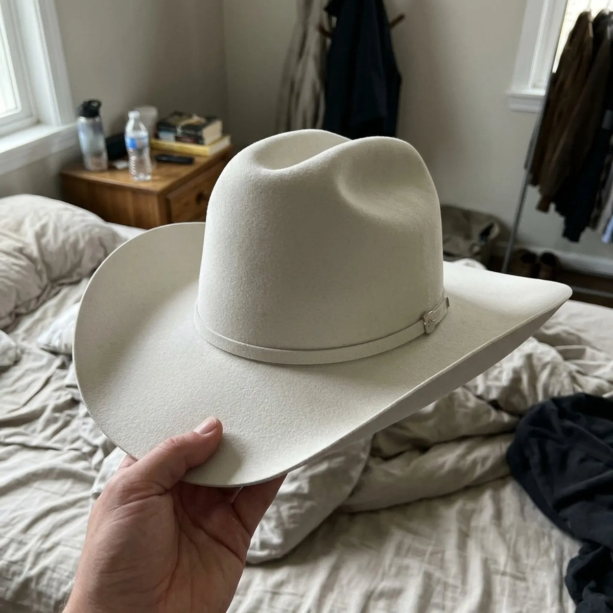 White Wool Felt Cowboy Hat with Clean Band and Pin Accent