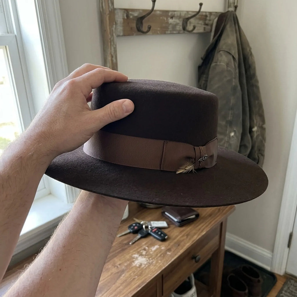 Dark Brown Wool Felt Wide Brim Fedora with Bow Grosgrain Band
