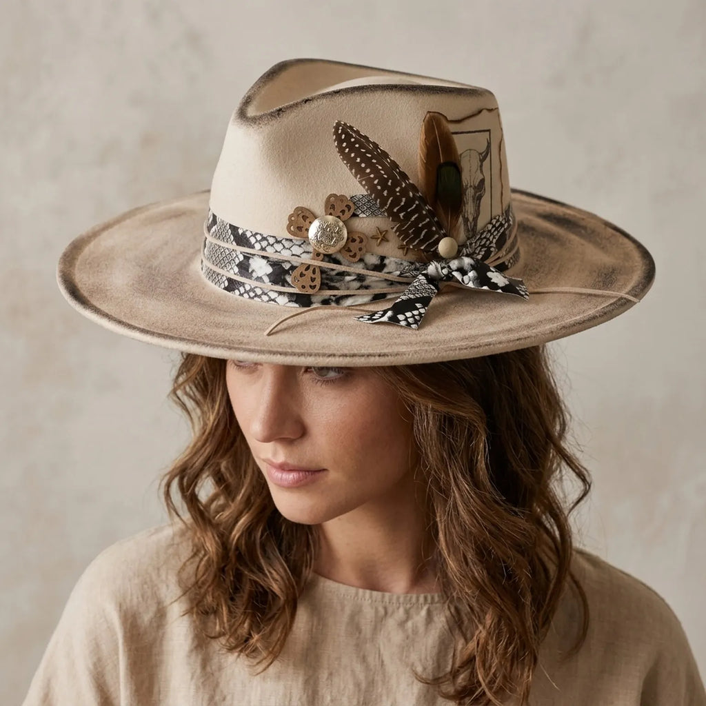 Vintage Cream Fedora with Snake Band, Feathers and Bull Card