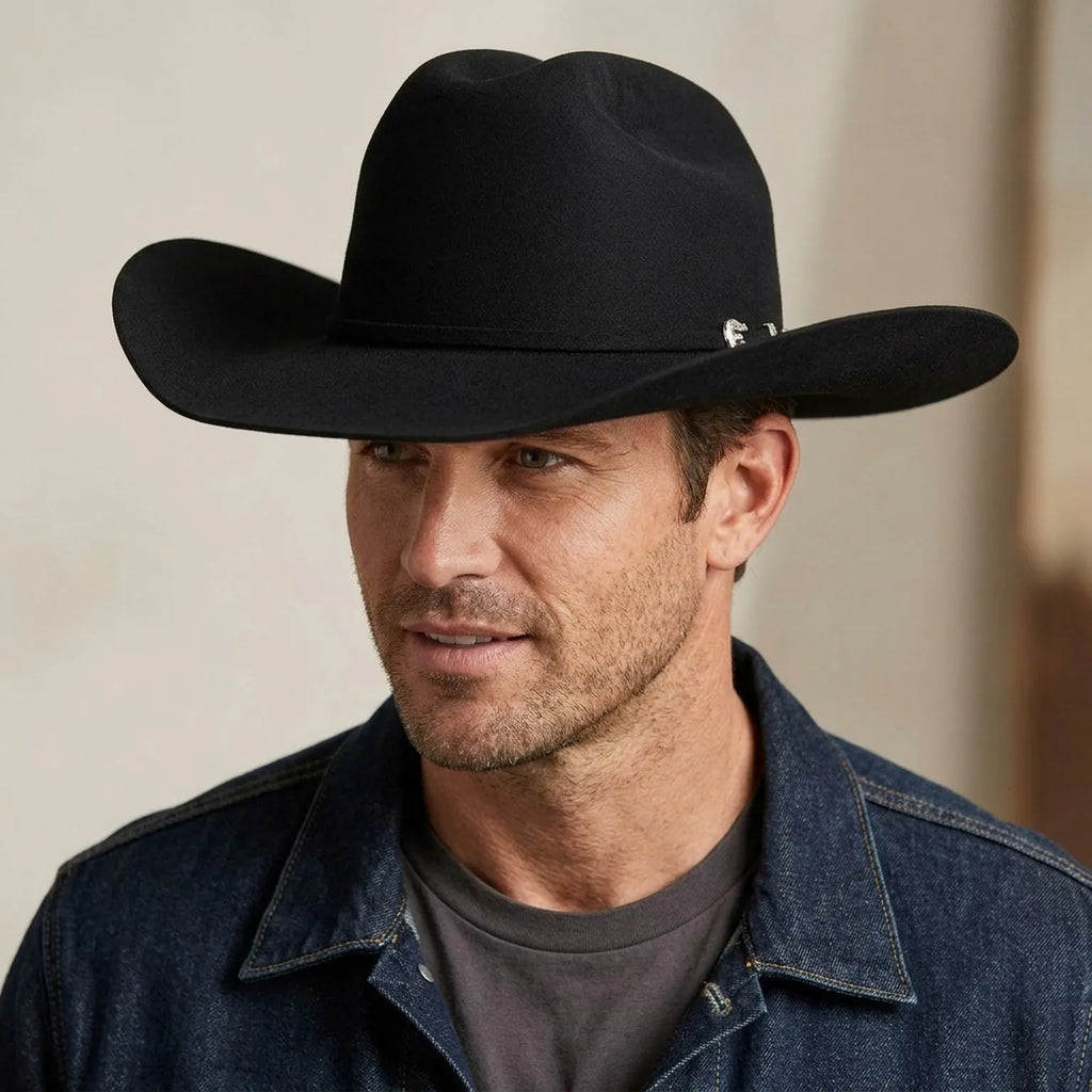 Unisex Black Wool Felt Cowboy Hat with Silver Concho Detail