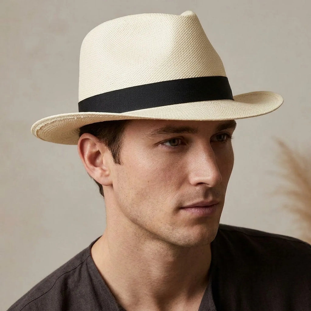 Ivory Straw Panama Hat with Black Ribbon Band for Summer
