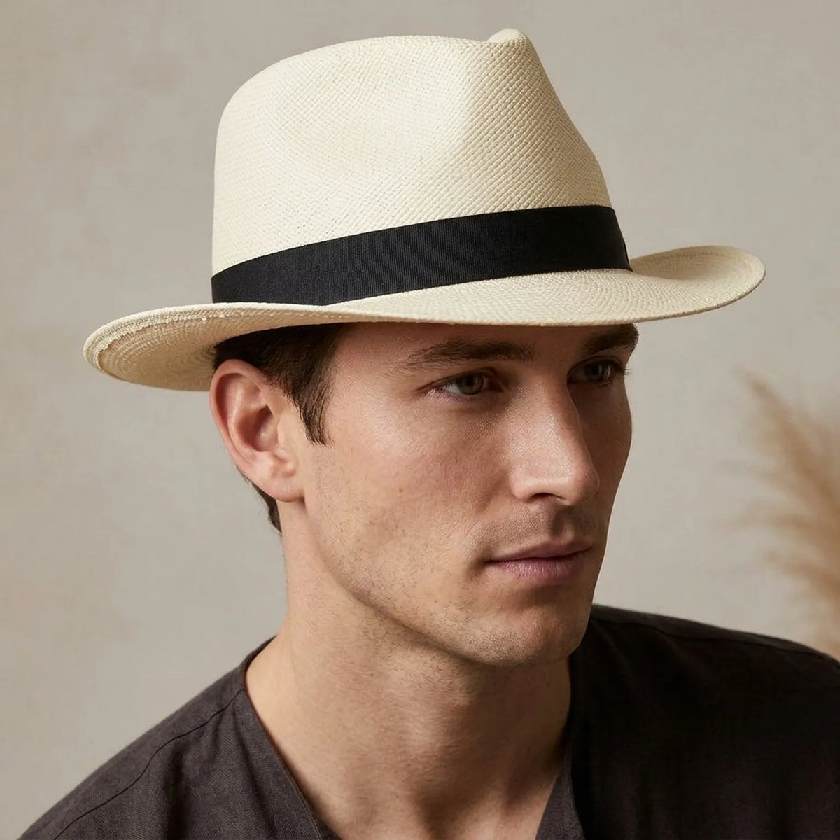 Ivory Straw Panama Hat with Black Ribbon Band for Summer