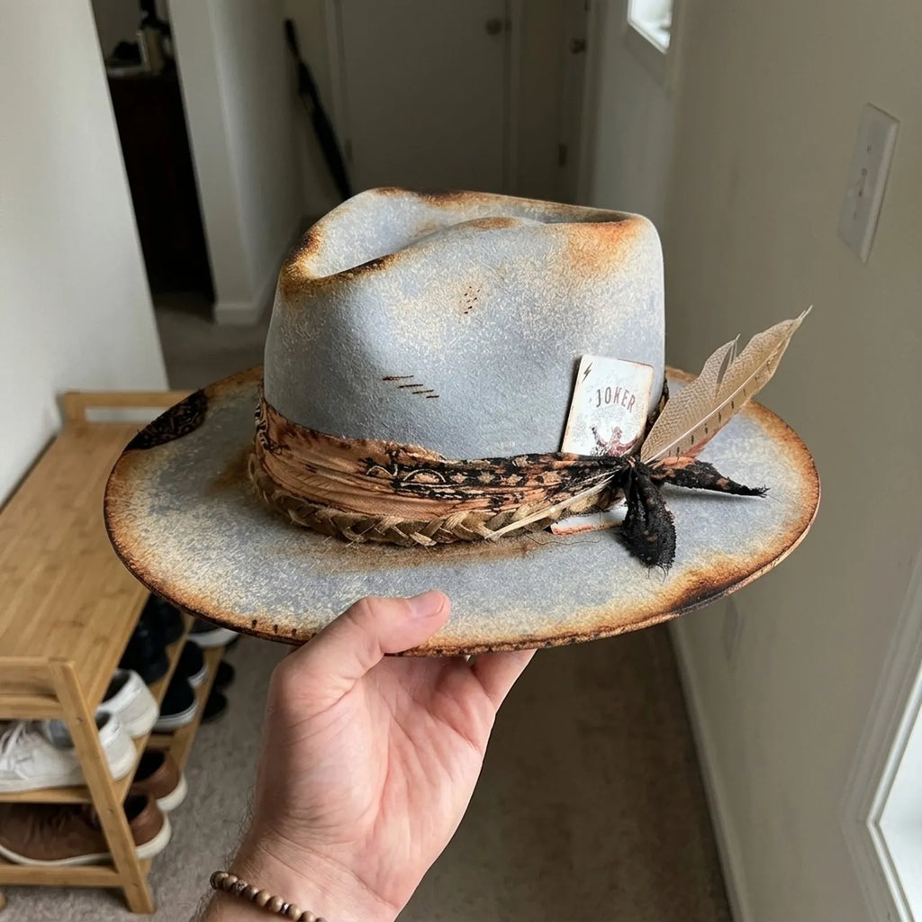 Vintage Gray Felt Fedora Paisley Band Joker Playing Card