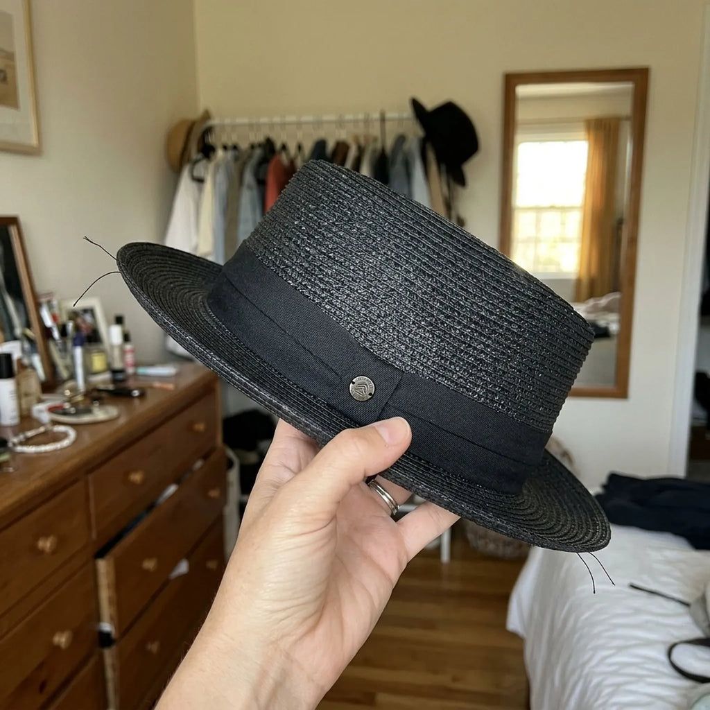 Black Straw Pork Pie Hat with Wide Brim and Flat Crown