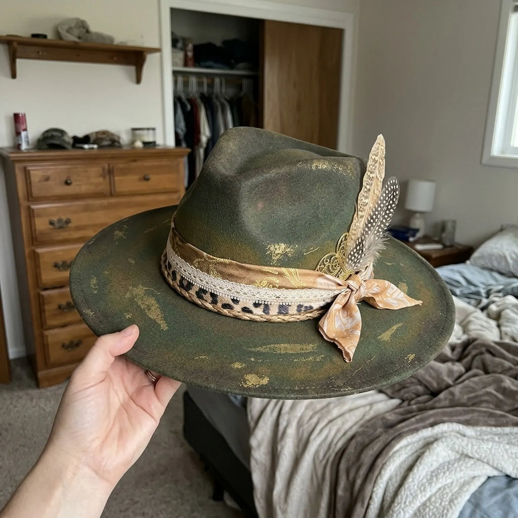Antique Olive Felt Fedora with Leopard Trim and Feather Accent