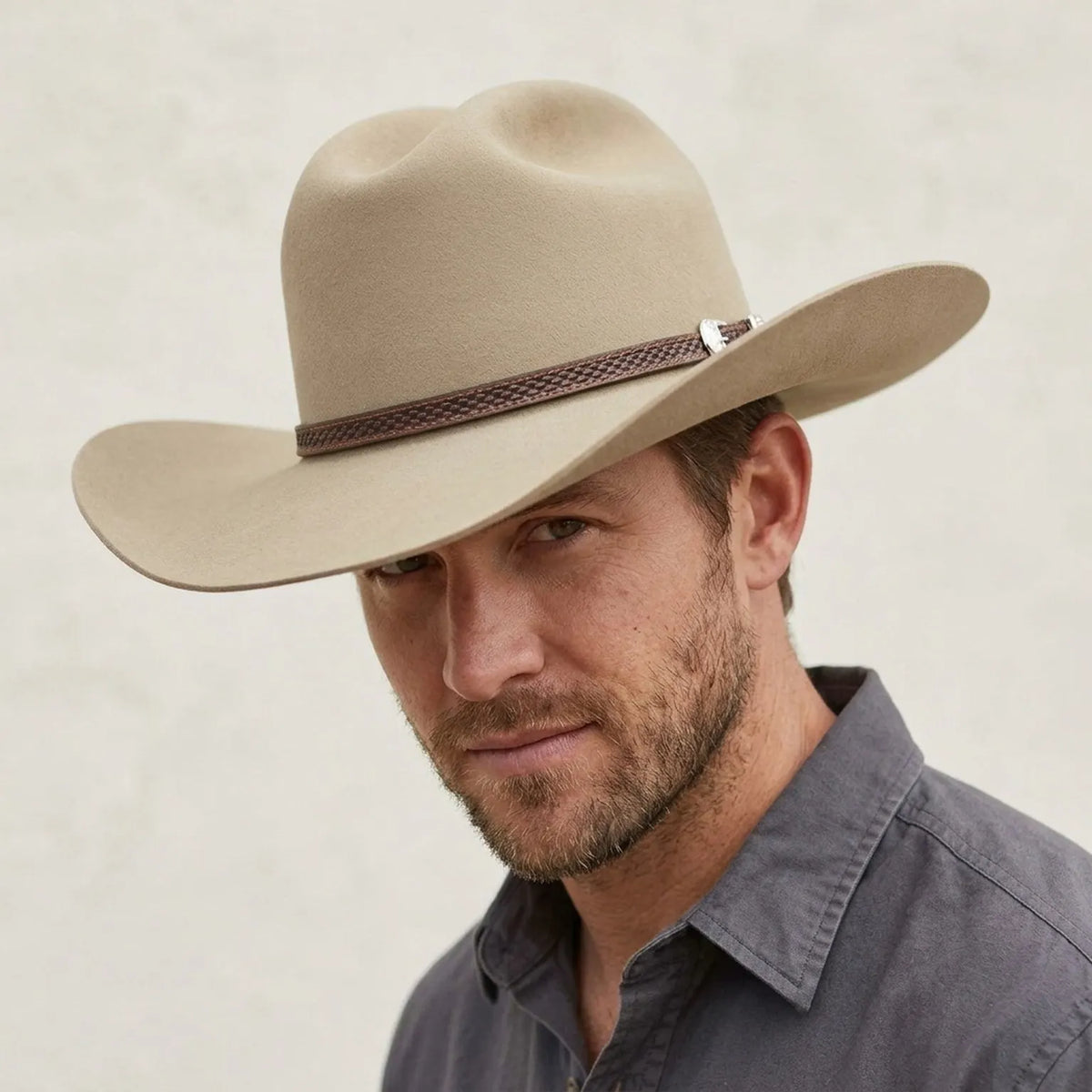 Tan Beige Felt Fedora with Woven Leather Hatband - Classic