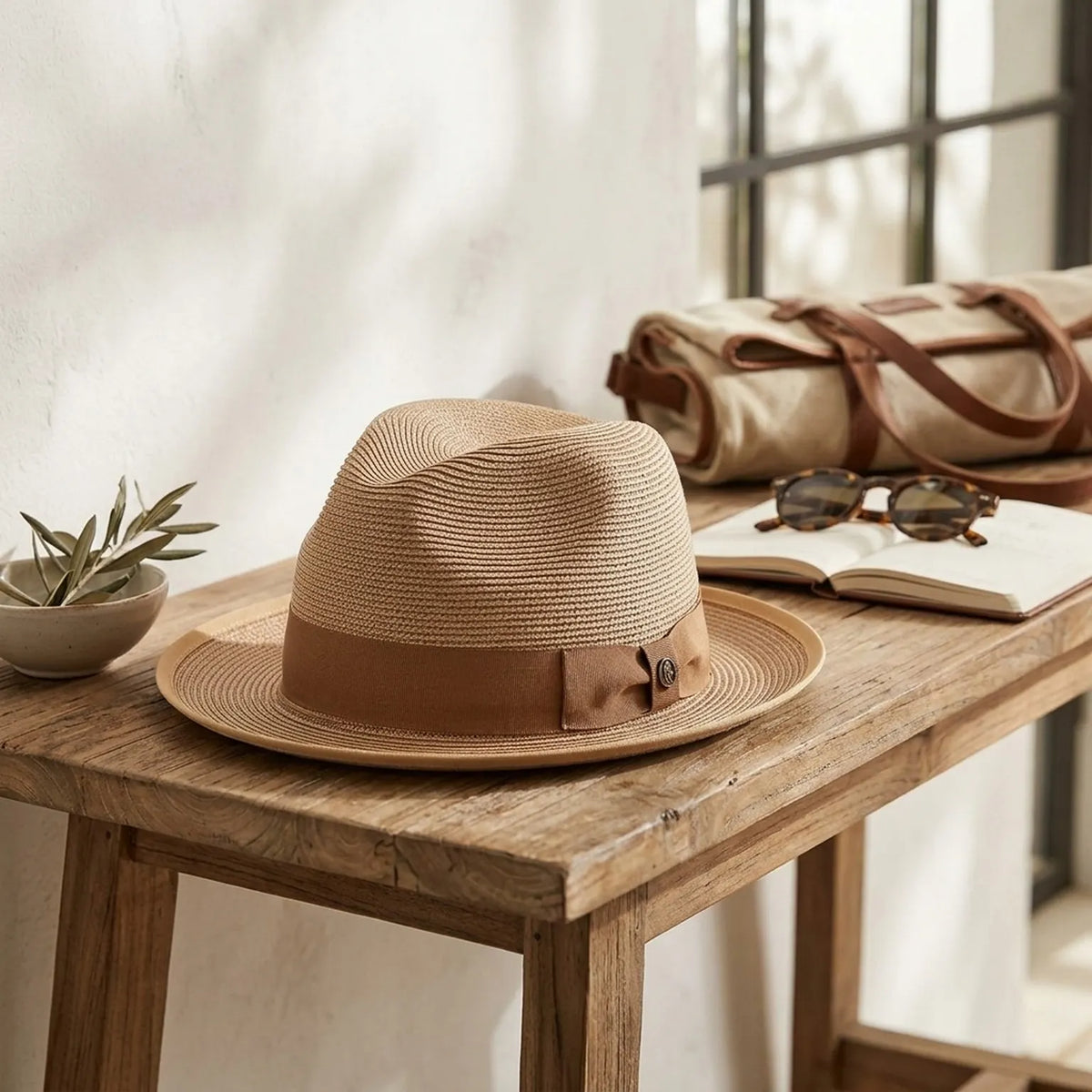 Tan Straw Fedora Hat with Wide Brim and Brown Ribbon Band