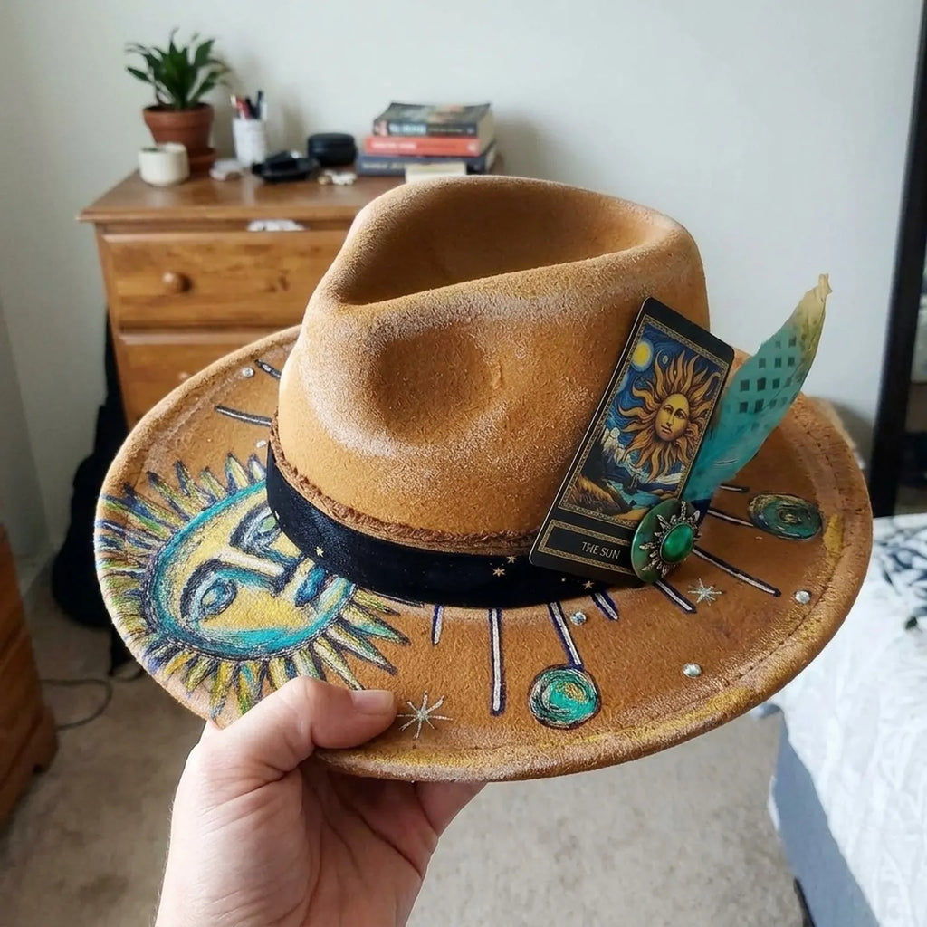 Hand-Painted Sun and Moon Fedora in Copper Rust Vegan Leather