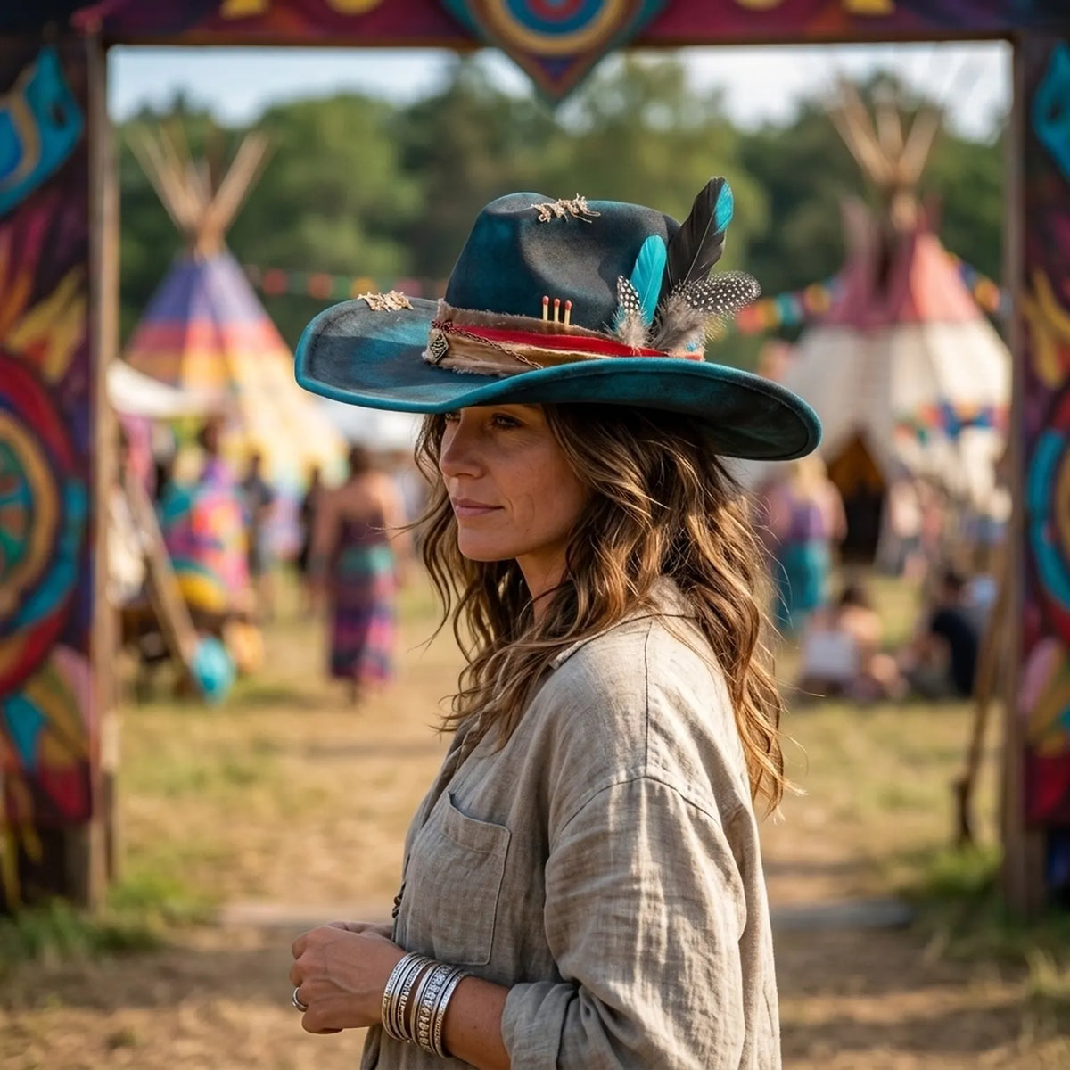 Teal Wide-Brim Western Hat with Matchstick and Feather Details