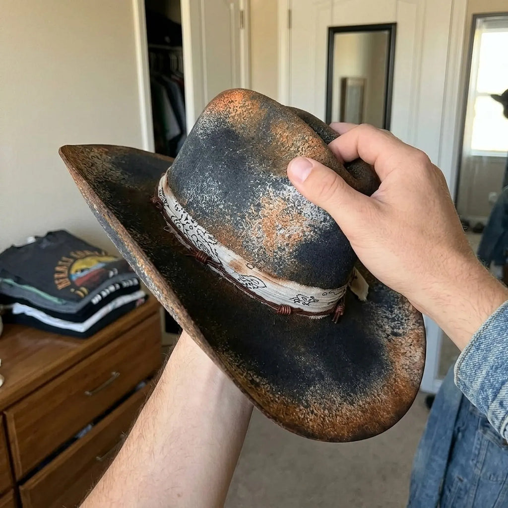 Distressed Rust Black Felt Western Hat with Bandana Wrap