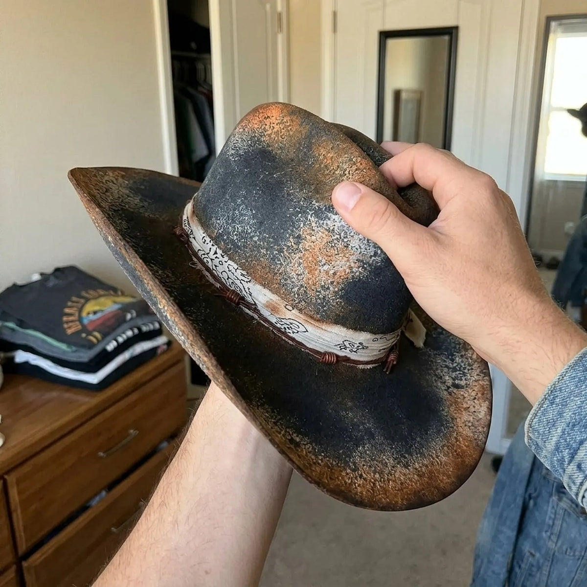 Distressed Rust Black Felt Western Hat with Bandana Wrap