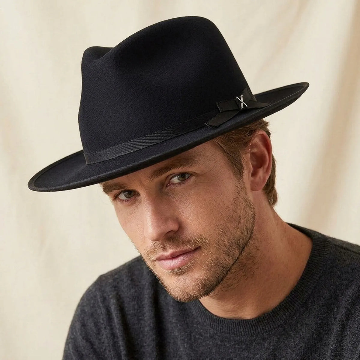 Black Felt Fedora with Grosgrain Band and Feather Accent