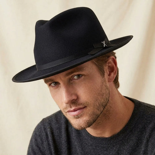 Black Felt Fedora with Grosgrain Band and Feather Accent