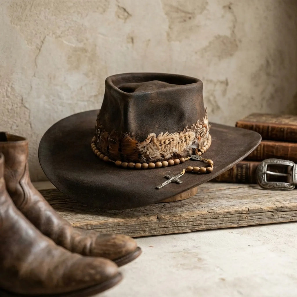 Brown Western Hat With Feather Band Rosary Cross Vintage Ranch Style