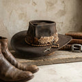 Brown Western Hat With Feather Band Rosary Cross Vintage Ranch Style