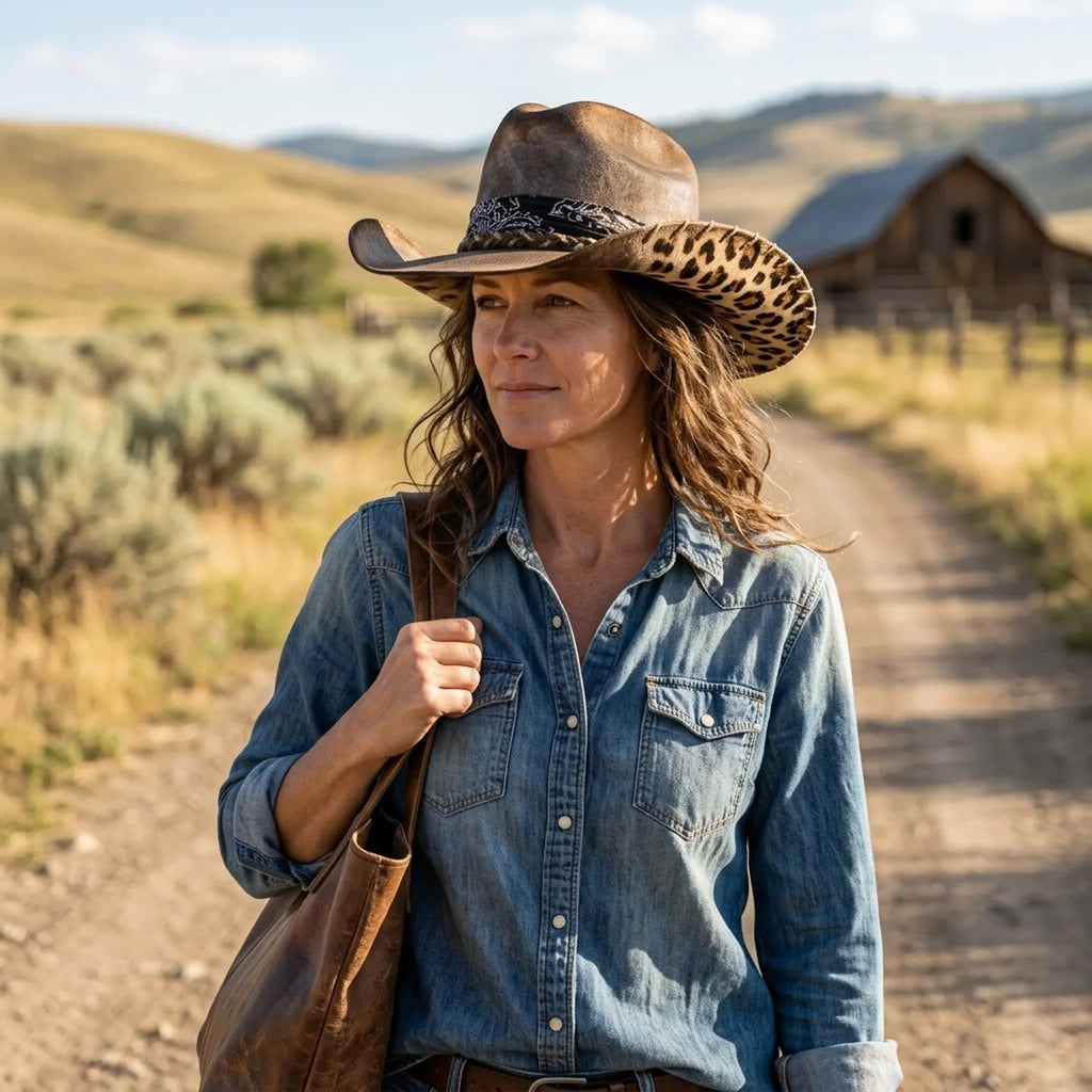 Distressed Gray Cowboy Hat with Cow Print Brim and Bandana Band