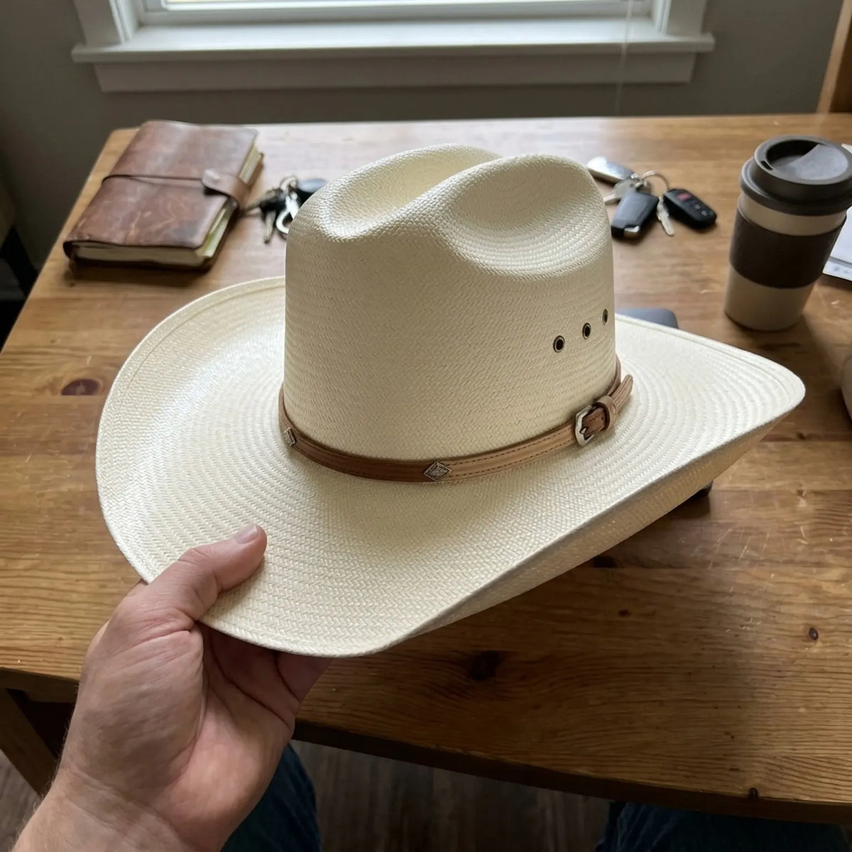 Ivory Straw Western Cowboy Hat with Tan Leather Concho Band