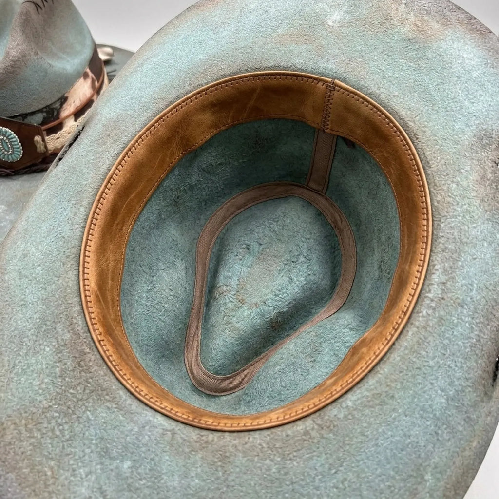 Teal Gradient Western Hat with Turquoise Concho and Lace Trim