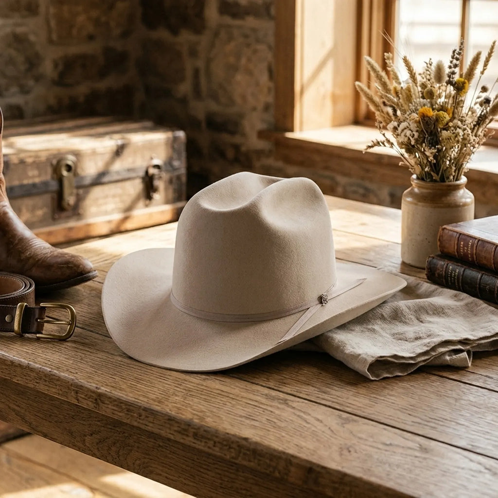 Light Beige Wool Felt Western Hat with Strap and Pin Detail
