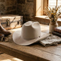 Light Beige Wool Felt Western Hat with Strap and Pin Detail