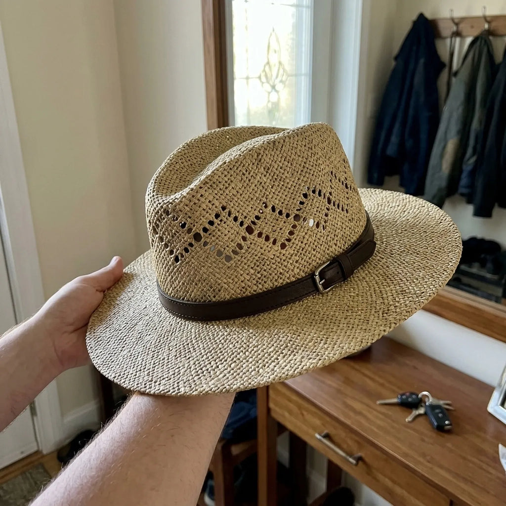 Natural Straw Sun Hat with Open Weave Crown and Wide Brim
