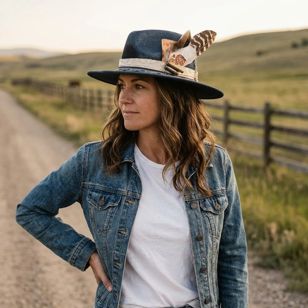 Navy Blue Fedora with Embossed Band, Chain and Playing Card