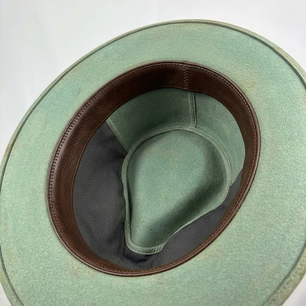Sage Green Felt Fedora With Bandana Band And Pheasant Feathers