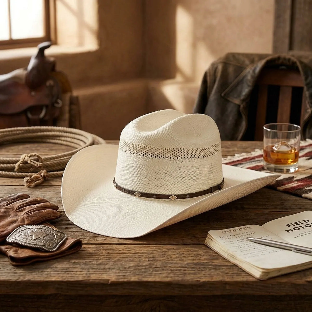 Ivory Straw Western Hat with Diamond Stud Band and Beads